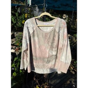 New Directions Studio Womens 2X Pink Tie Dye Lace Sleeve Long Sleeve Top
